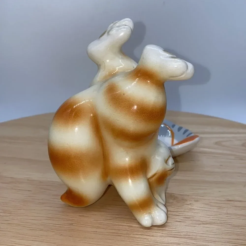 Lot of 2 Whimsical Ceramic Kitties 1 Tumbling Figurine and 1 Trinket Dish